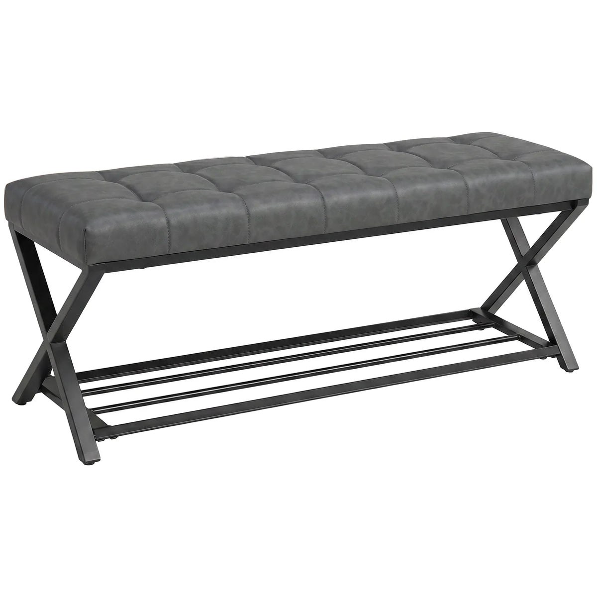 HOMCOM Gepolsterte Schuhbank mit Stauraum — Industrial X‑Frame Stahl, PU‑Kunstleder, 220 kg Tragfähigkeit, 112×37×47 cm, Dunkelgrau