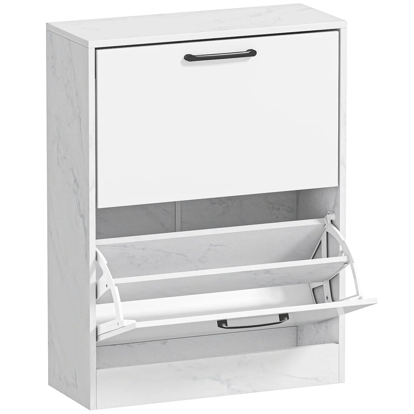 HOMCOM schmaler Schuhschrank mit 2 Hochglanz‑Klapptüren, verstellbaren Einlegeböden, Marmor‑Design, für bis zu 8 Paar – Weiß (60 x 24 x 80 cm)