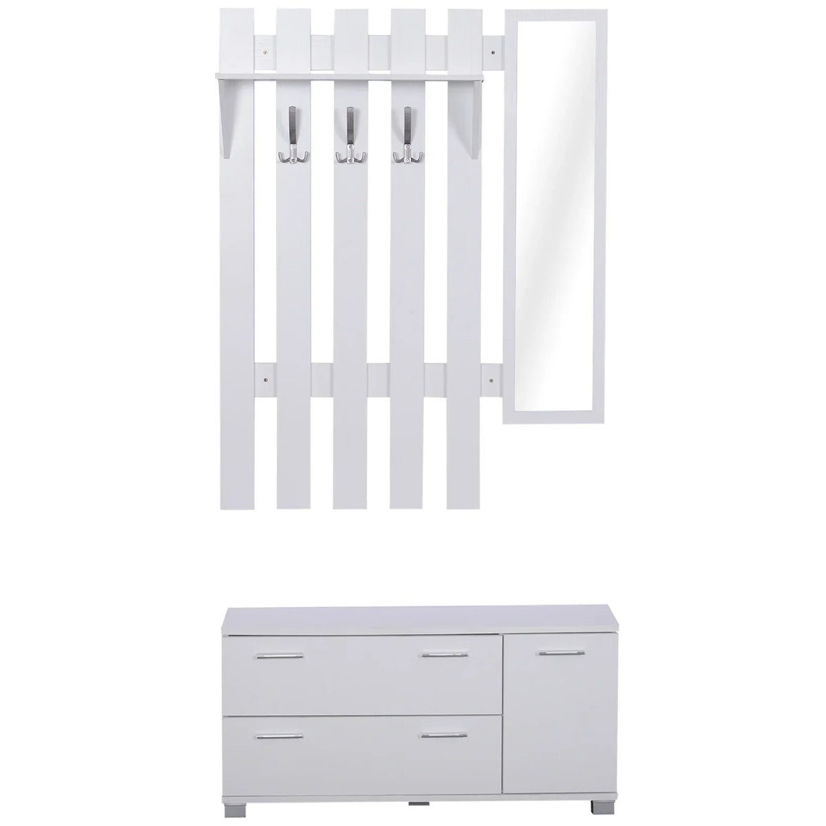 HOMCOM Eingangsset mit Spiegel, Garderobe und Schuhschrank – Eingangsbereich Möbel mit 3 Haken, Regal und 2 Schubladen für Diele in Weiß