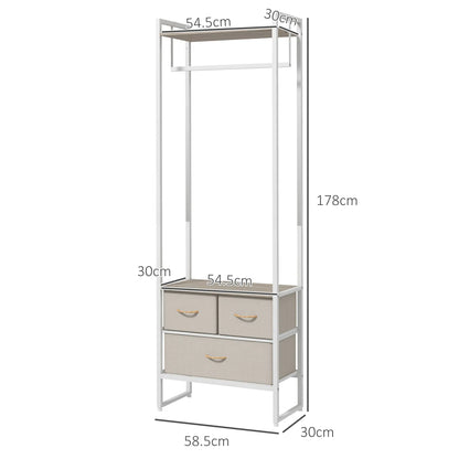 HOMCOM Garderobenständer für Flur mit 3 Stoffschubladen, Kleiderstange und Ablage für Flur, Schlafzimmer, Wohnzimmer 58,5x30x178 cm Natur