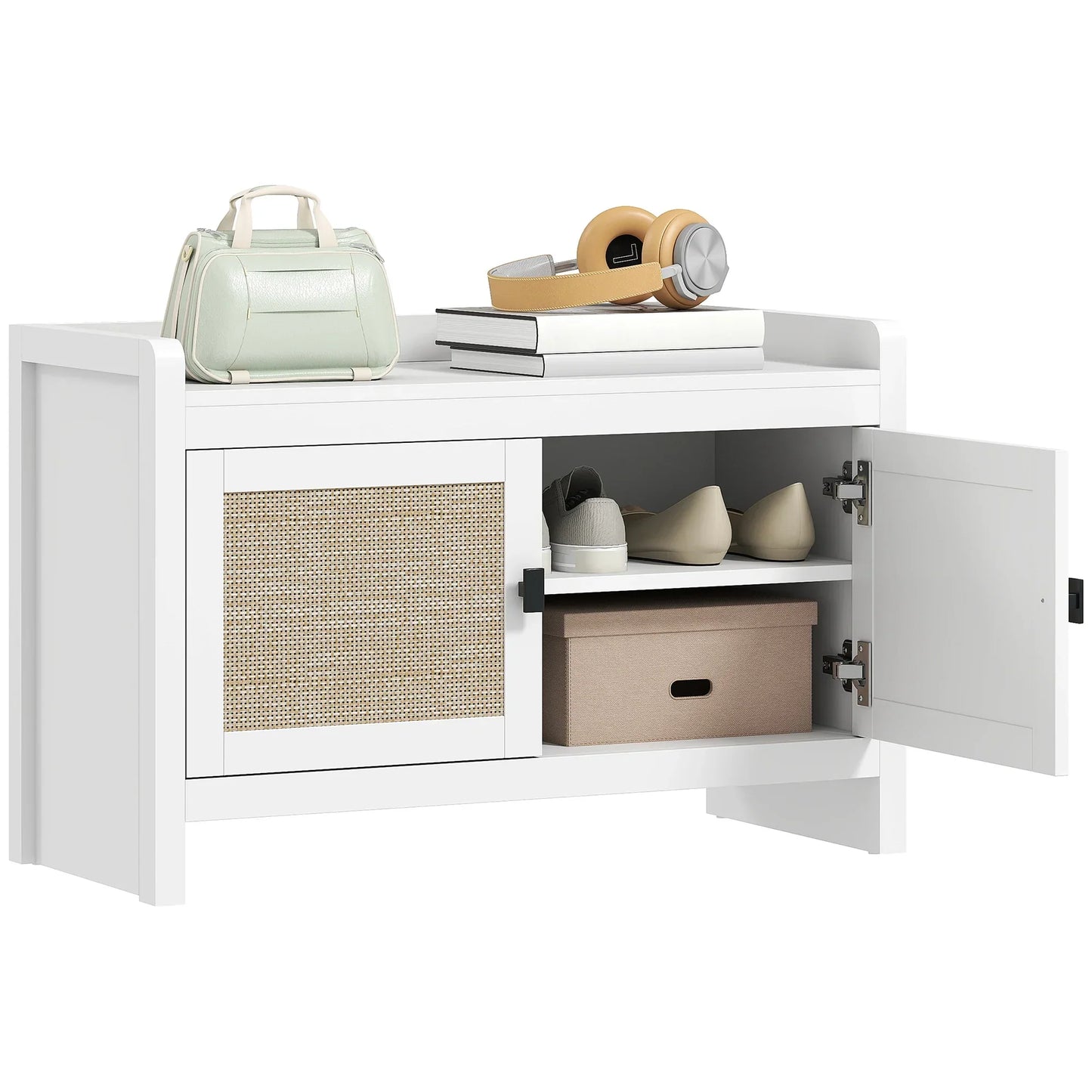 HOMCOM Bohemian Schuhbank mit Rattan-Fronttüren, Abnehmbares Regal für 8 Paar Schuhe für Flur und Schlafzimmer 80x35x52 cm Weiß