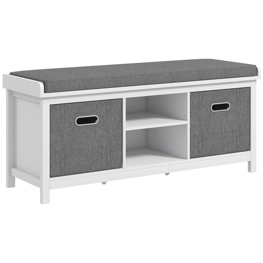HOMCOM Panca Scarpiera con Scaffale Regolabile a 3 Livelli, 2 Cassetti Rimovibili e Cuscino, Mobiletto in Truciolato, 105x35x47 cm, Bianco e Grigio