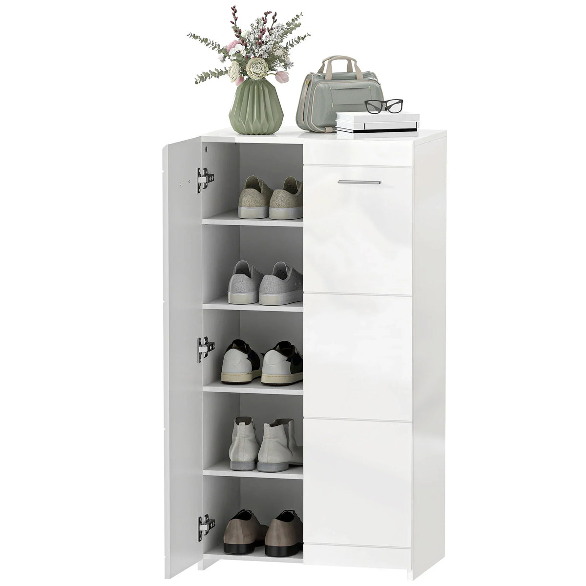 HOMCOM Schuhschrank, 2-türig, 5 Ablagen, verstellbare Einlegeböden, fasst 10 Paar, Hochglanzweiß, 55 x 36 x 108 cm