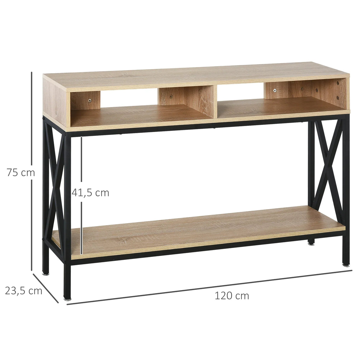 HOMCOM Konsolentisch für den Flur mit 2 Fächern und Ablage 120x23,5x75 cm Eiche und Schwarz