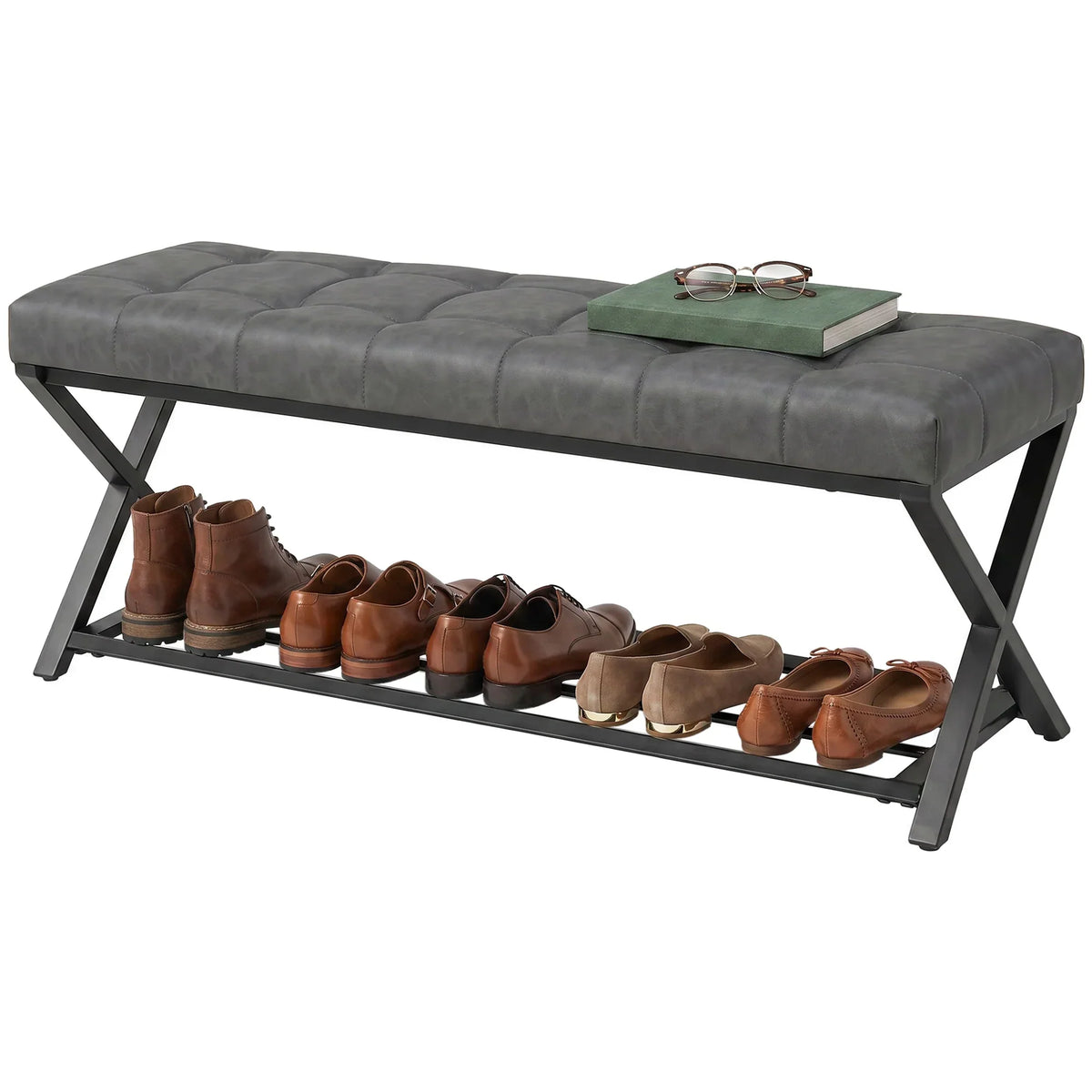 HOMCOM Gepolsterte Schuhbank mit Stauraum — Industrial X‑Frame Stahl, PU‑Kunstleder, 220 kg Tragfähigkeit, 112×37×47 cm, Dunkelgrau