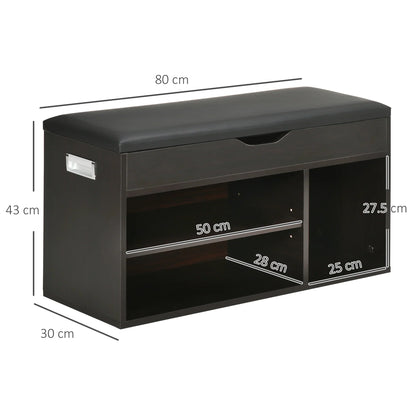 HOMCOM Gepolsteter Schuhschrank für den Eingangsbereich, Schuhschrank mit Schuhregal, 3 Fächer, Sitzfläche aus PU-Leder, für Wohn- und Flurbereich, 80x30x43 cm, Schwarz