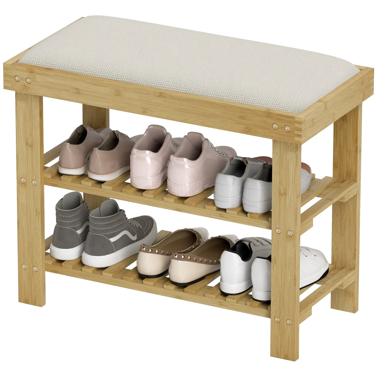 HOMCOM Schuhbank mit Sitzfläche, Bambus Sitzbank mit Stauraum, Schuhregal mit 2 offene Fächer, Sitzbank, Bank, Garderobenbank für Wohnzimmer, Flur, 60 x 29 x 49 cm Cremeweiß