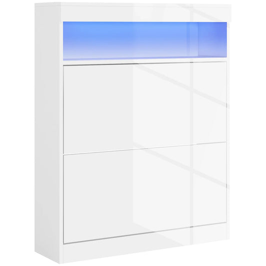 HOMCOM Scarpiera da Ingresso, Mobiletto con Luci LED a Muro o Indipendente, Scaffale Aperto e 2 Cassetti a Ribalta per 12-16 Paia di Scarpe, 80x24x99,5 cm, Bianco