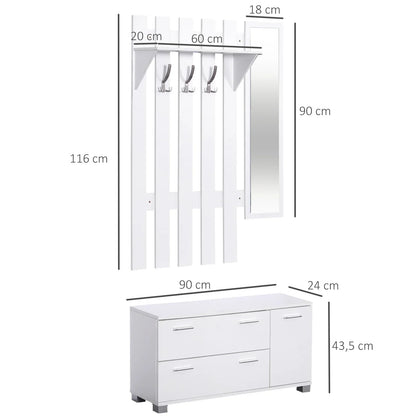 HOMCOM Eingangsset mit Spiegel, Garderobe und Schuhschrank – Eingangsbereich Möbel mit 3 Haken, Regal und 2 Schubladen für Diele in Weiß
