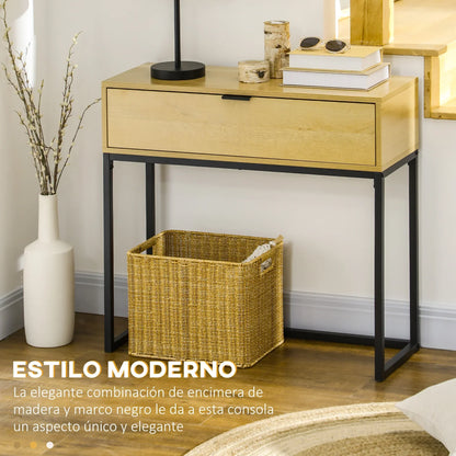 HOMCOM Konsolentisch mit Schublade Moderner Beistelltisch mit Stahlbeinen für Flur, Wohnzimmer, Schlafzimmer 80x30x76 cm Natur