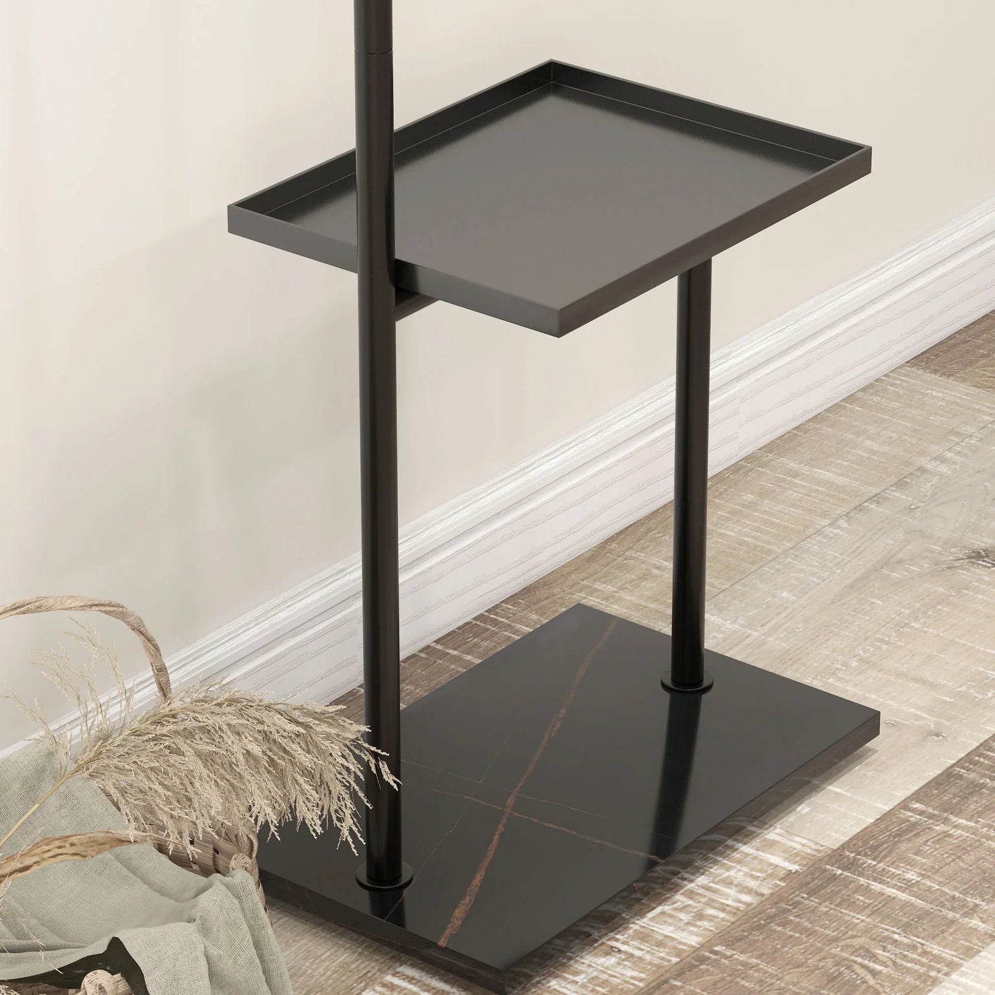 HOMCOM Garderobenständer, Kleiderständer mit Ablagen und Haken, Jackenständer, moderner Garderobe für Kleidung, Hut, Tasche, für Flur, Wohnzimmer, Schwarz