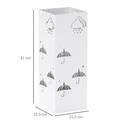 HOMCOM Regenschirmständer aus Stahl mit 4 Haken und abnehmbarem Tropfbehälter – Weißer Regenschirmhalter für Flur und Büro 15,5x15,5x41 cm