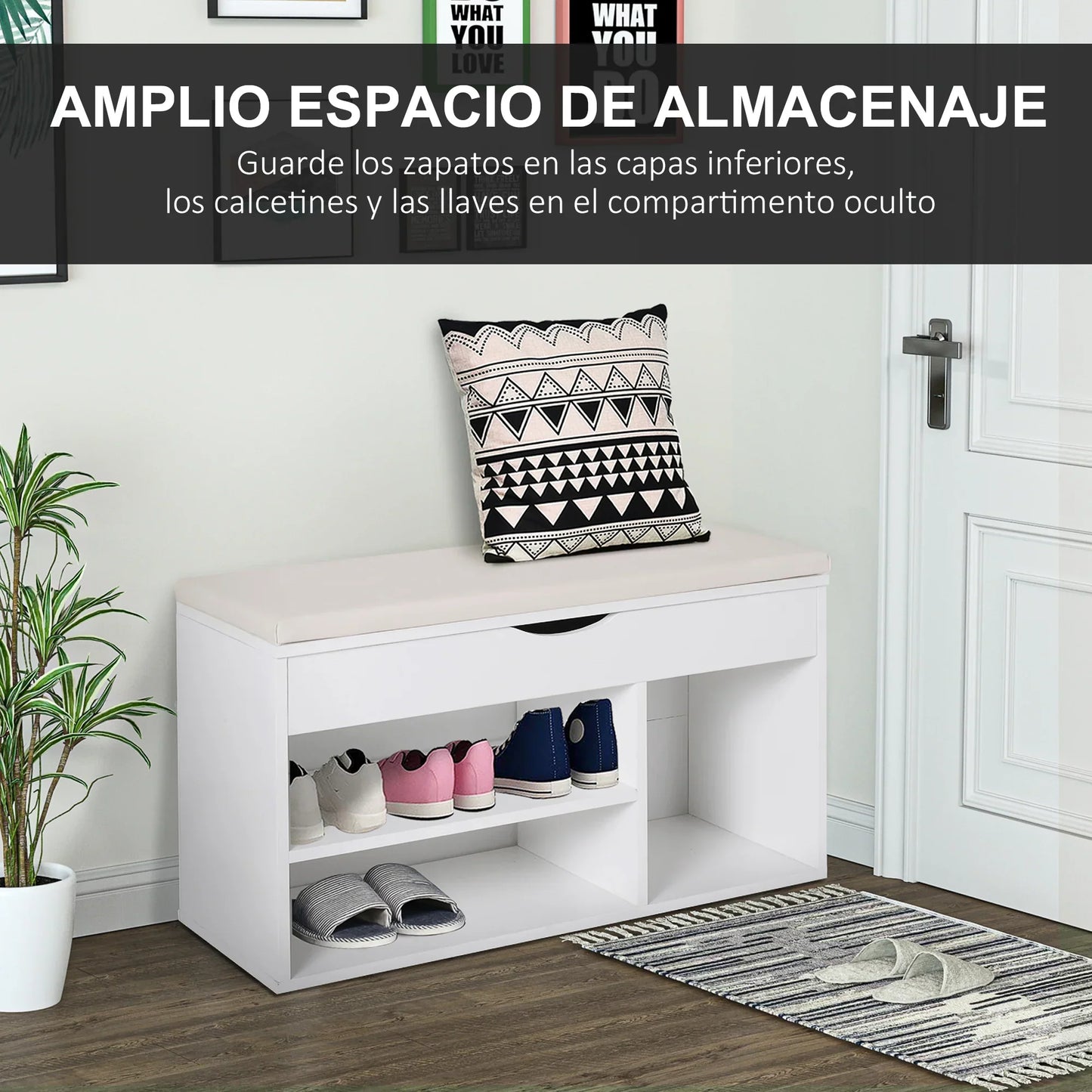 HOMCOM Schuhbank mit Sitzplatz – Moderne Schuhaufbewahrung für den Eingangsbereich mit Schublade, offenen Regalen und 1 Kissen für Flur 80x30x47cm