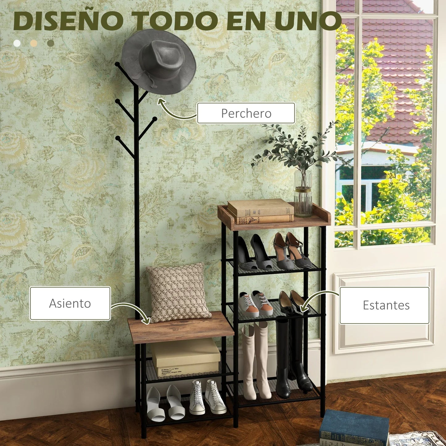 HOMCOM Garderobenständer mit Schuhregal und 5 Regalen - Garderobenständer mit 6 Haken zum Aufhängen von Taschen und Kleidung im Industrie-Design 92,5x28,2x182 cm Rustikal Braun