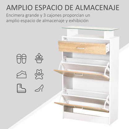 HOMCOM Schuhschrank mit 3 Schubladen, Glasregal und Aluminiumgriff für Flur, 50 kg Belastbarkeit, 60x24x105,5 cm - Natur