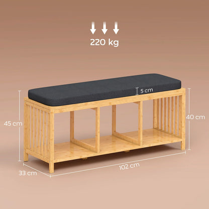 HOMCOM Bambus-Schuhbank mit gepolstertem Sitz und offener Ablage für Flur & Eingangsbereich, 102 x 33 x 45 cm, Naturholz