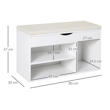 HOMCOM Schuhbank mit Sitzplatz – Moderne Schuhaufbewahrung für den Eingangsbereich mit Schublade, offenen Regalen und 1 Kissen für Flur 80x30x47cm
