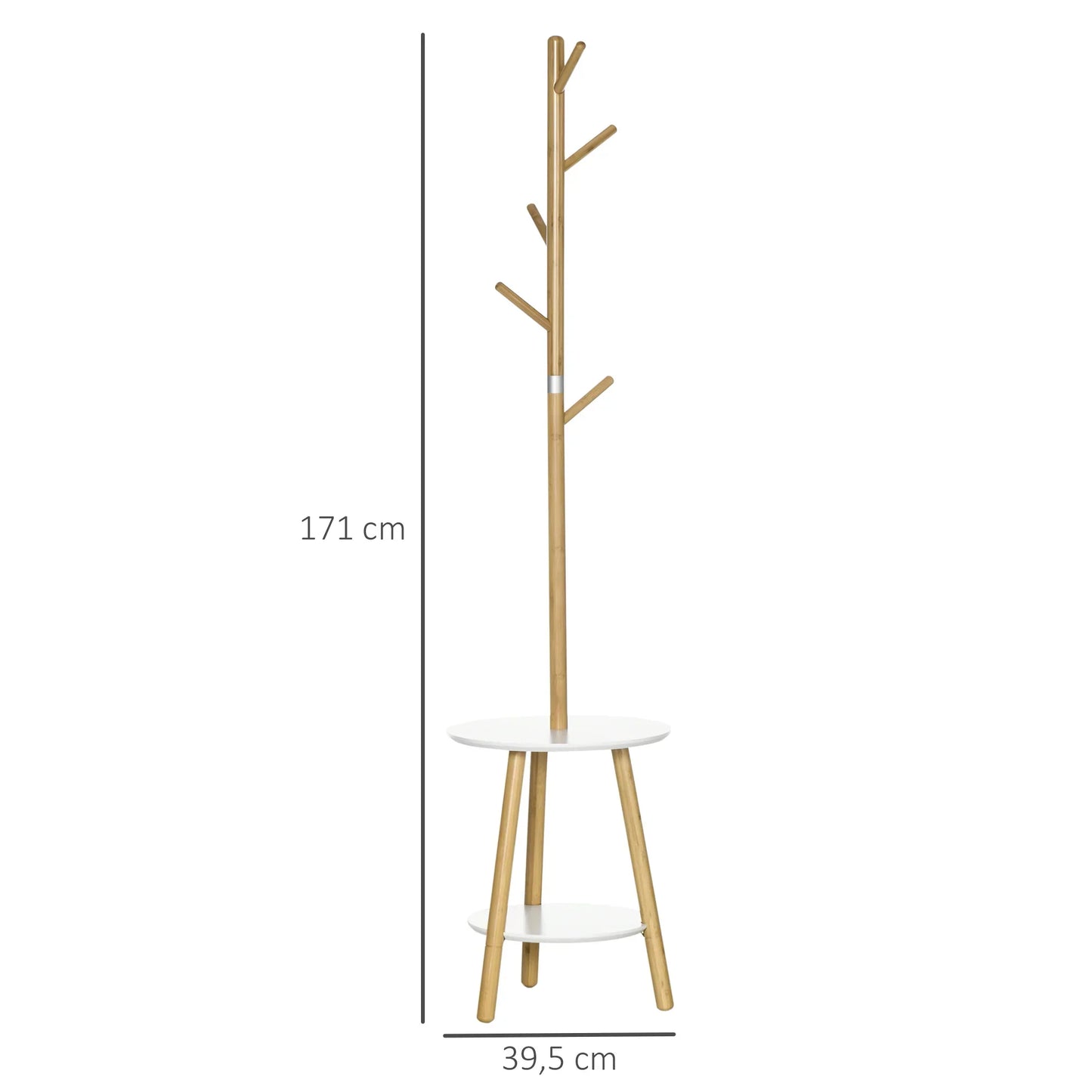 HOMCOM 2-in-1 Bambus Kleiderständer Baum mit 2 Ablagen und 5 Haken für Kleidung und Taschen, Aluminiumrahmen für Eingangsbereich und Schlafzimmer, 39,5x39,5x171 cm Natur