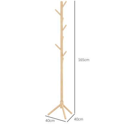 HOMCOM Freistehender Kleiderständer mit 8 Haken - Holz Kleiderbaum für Flur, Eingangsbereich, Schlafzimmer 40x40x165 cm Natur