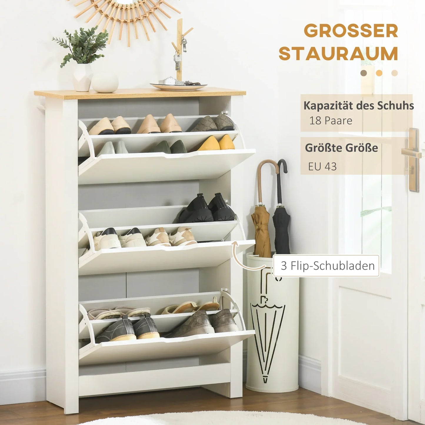 HOMCOM Schuhschrank mit 3 Klappen, Schuhregal, schmaler Schuhschrank mit verstellbarem Fach, Schuhschrank für 18 Paar Schuhe 72 x 26 x 112 cm, Weiß+Natur