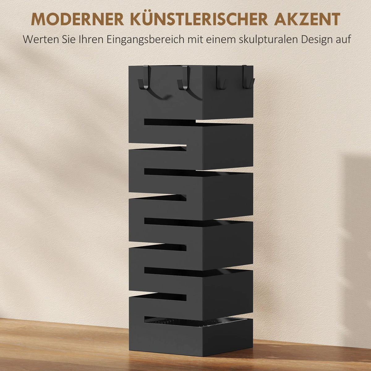 HOMCOM Metall-Schirmständer, quadratisch, mit abnehmbarer Tropfschale & 4 Haken, für Diele, 15,5 x 15,5 x 49 cm, Schwarz