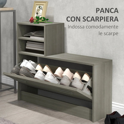 HOMCOM 4-in-1 Flurmöbel Set mit Garderobe, Spiegel, Sitzbank mit Regal und Schuhregal für 8 Paar Schuhe, Grau