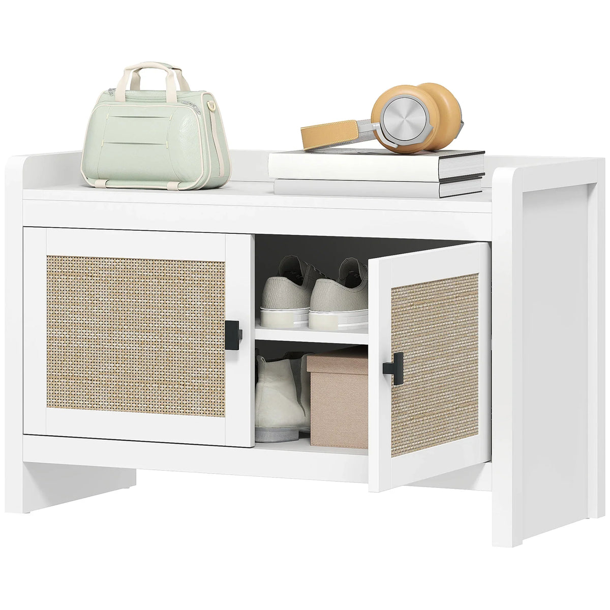HOMCOM Bohemian Schuhbank mit Rattan-Fronttüren, Abnehmbares Regal für 8 Paar Schuhe für Flur und Schlafzimmer 80x35x52 cm Weiß