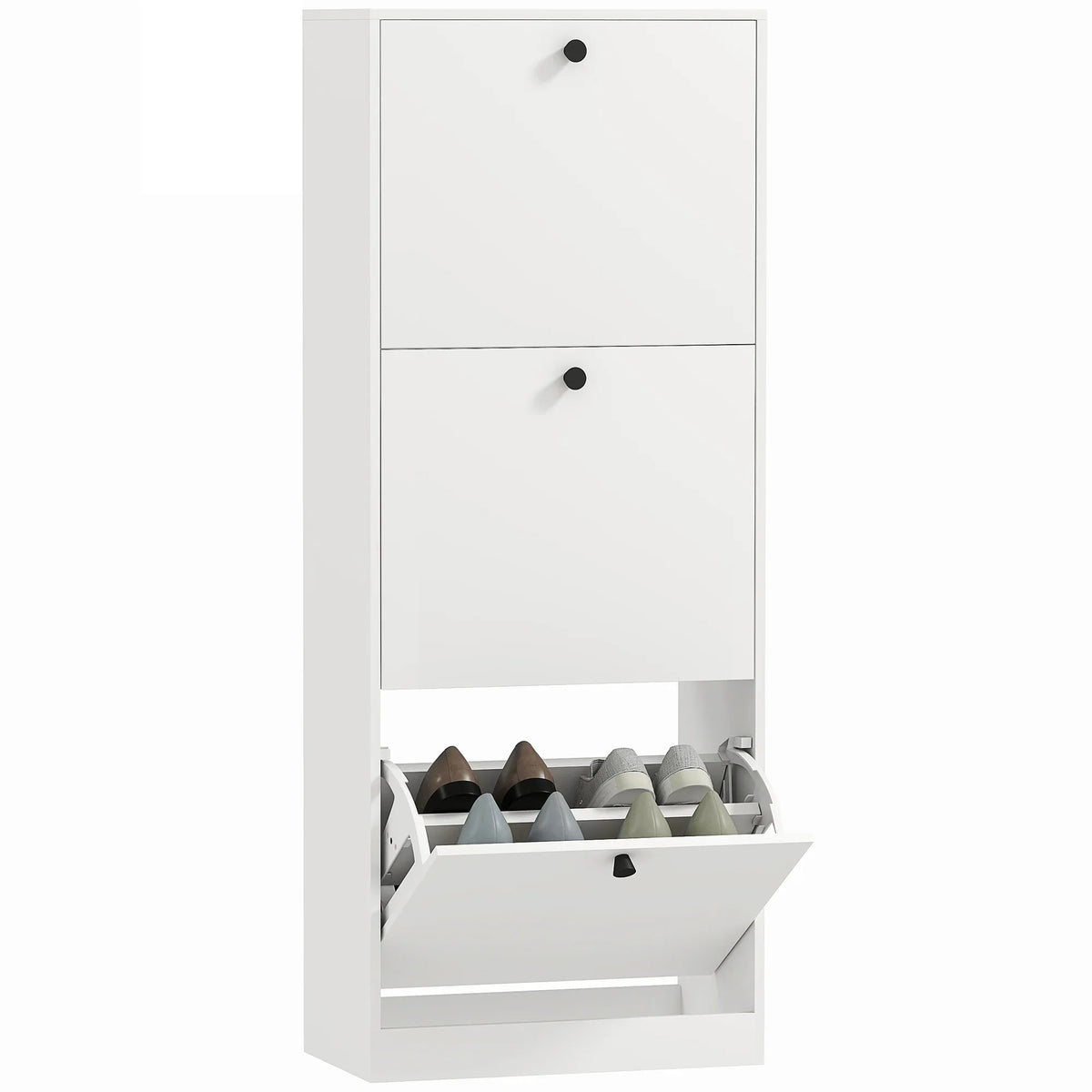 HOMCOM Schuhschrank mit 3 Klappen, Schuhregal mit verstellbarem Fach, schmaler Schuhschrank für 12 Paar Schuhe 47 x 26 x 120 cm, Weiß