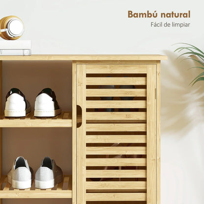 HOMCOM Bambus Schuhschrank mit 2 Lamellentüren – Schuhregal für den Eingangsbereich mit Regalen und offenen Fächern für 9 Paare Schuhe 100x33x86 cm Natur