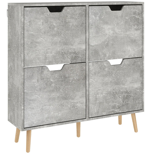 HOMCOM Scarpiera da Ingresso con 4 Ante a Ribalta su 2 Livelli per 16 Paia di Scarpe, Mobile Scarpiera Salvaspazio con Scaffali Regolabili in Truciolato e Legno di Pino, 95x26x95 cm, Grigio