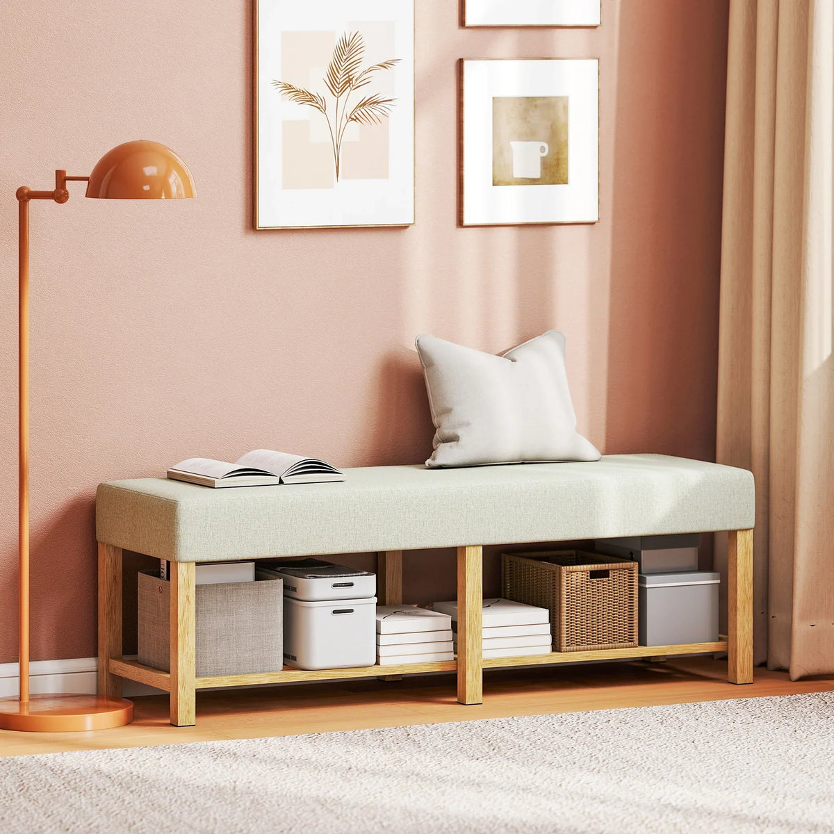 HOMCOM Schuhbank — Moderner Flurbank mit gepolstertem Sitz für 2, offene Schuhablage, Gummibaumholz, für Flur, Diele, Wohnzimmer, 140 x 44 x 48 cm, Creme & Naturholz