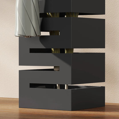 HOMCOM Metall-Schirmständer, quadratisch, mit abnehmbarer Tropfschale & 4 Haken, für Diele, 15,5 x 15,5 x 49 cm, Schwarz