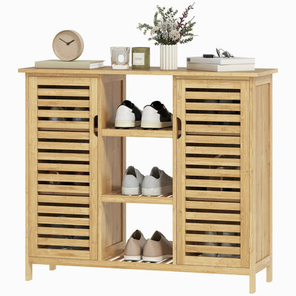 HOMCOM Bambus Schuhschrank mit 2 Lamellentüren – Schuhregal für den Eingangsbereich mit Regalen und offenen Fächern für 9 Paare Schuhe 100x33x86 cm Natur