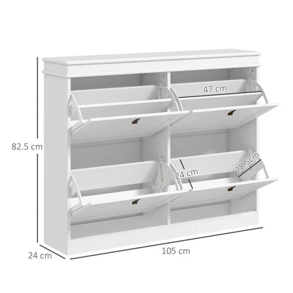 HOMCOM Weißer Schuhschrank Slim Schuhregal mit 4 Klapptüren und verstellbaren Regalen für 20 Paare Schuhe, Kippschutz für Eingangsbereich Flur 105x24x82,5 cm