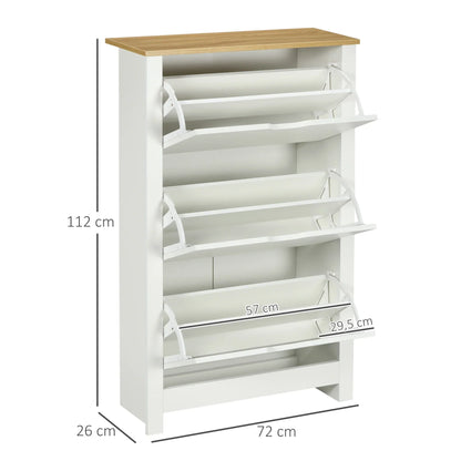 HOMCOM Schuhschrank mit 3 Klappen, Schuhregal, schmaler Schuhschrank mit verstellbarem Fach, Schuhschrank für 18 Paar Schuhe 72 x 26 x 112 cm, Weiß+Natur