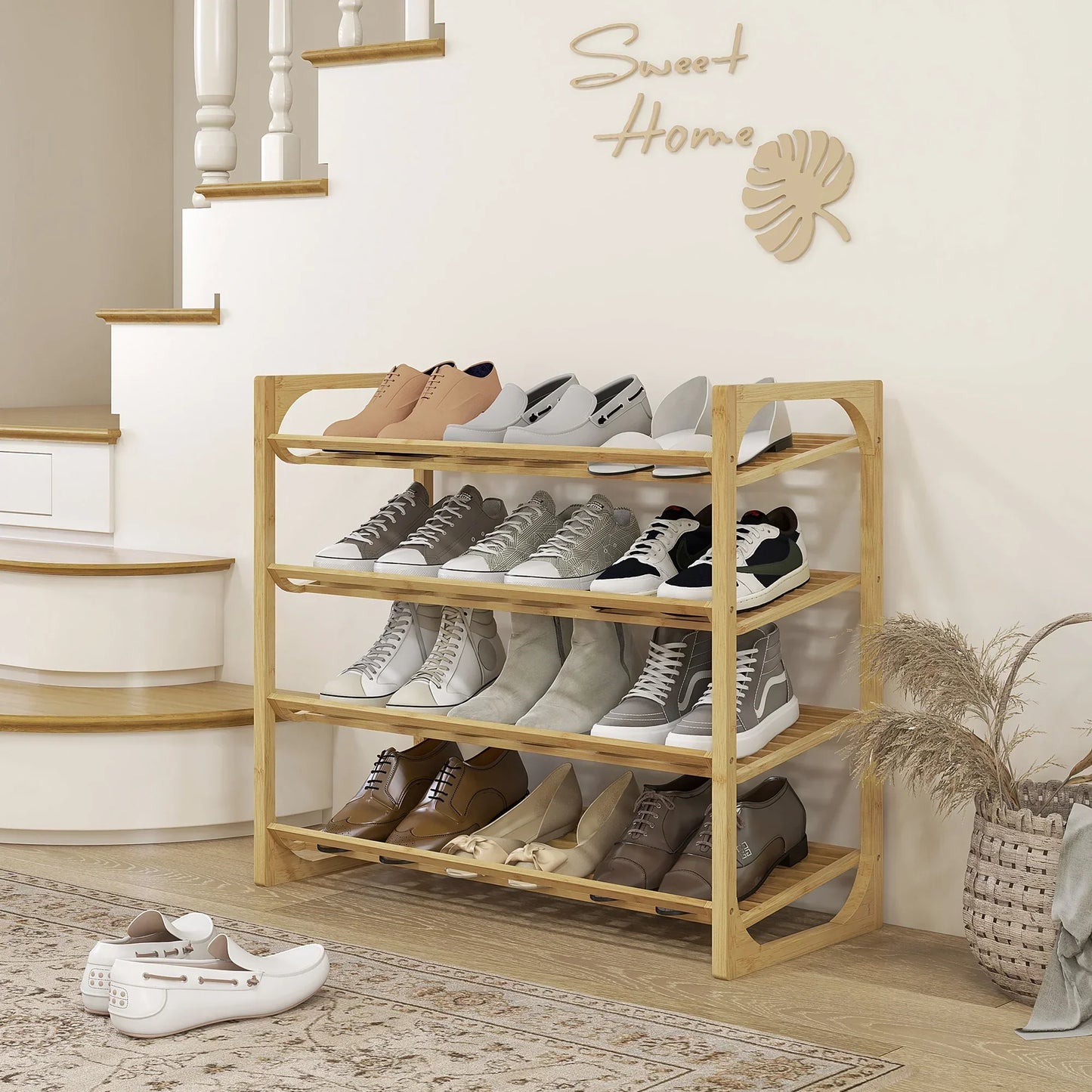 HOMCOM Schuhregal, Schuhständer mit 4 Ebenen aus Bambus, für max. 12 Paar Schuhe, Schuhregal mit Griff für Flur, Schlafzimmer, 76 x 33 x 67 cm, Natur
