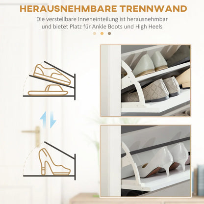 HOMCOM Schuhschrank mit 3 Klappen, Schuhregal, schmaler Schuhschrank mit verstellbarem Fach, Schuhschrank für 18 Paar Schuhe 72 x 26 x 112 cm, Weiß+Natur
