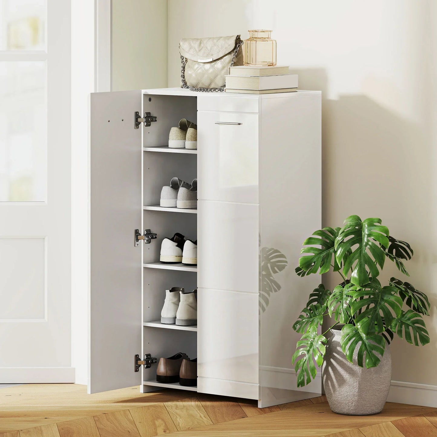HOMCOM Schuhschrank, 2-türig, 5 Ablagen, verstellbare Einlegeböden, fasst 10 Paar, Hochglanzweiß, 55 x 36 x 108 cm