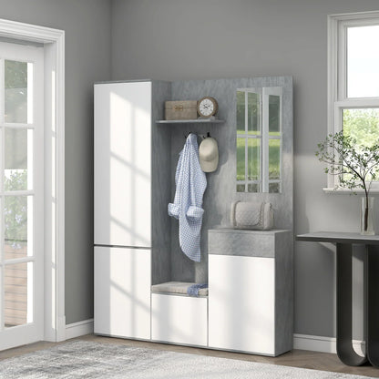 HOMCOM 4-in-1 Garderobenständer mit Spiegel, Haken und verstellbaren Innenregalen, Multitasking Holz-Garderobenmöbel mit Schublade, 145x29x184 cm, Grau und Weiß