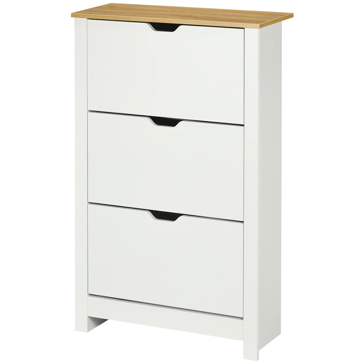 HOMCOM Schuhschrank mit 3 Klappen, Schuhregal, schmaler Schuhschrank mit verstellbarem Fach, Schuhschrank für 18 Paar Schuhe 72 x 26 x 112 cm, Weiß+Natur