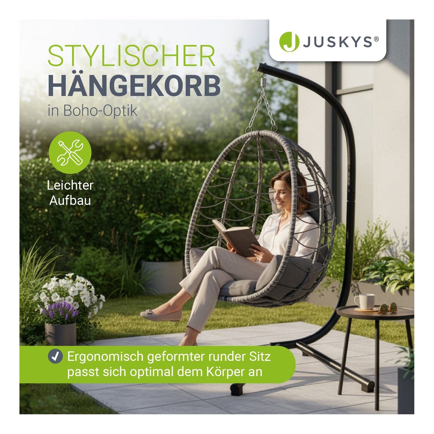 Juskys Korb-Hängesessel Aria faltbar & höhenverstellbar mit Eisengestell bis 130 kg Dunkelgrau