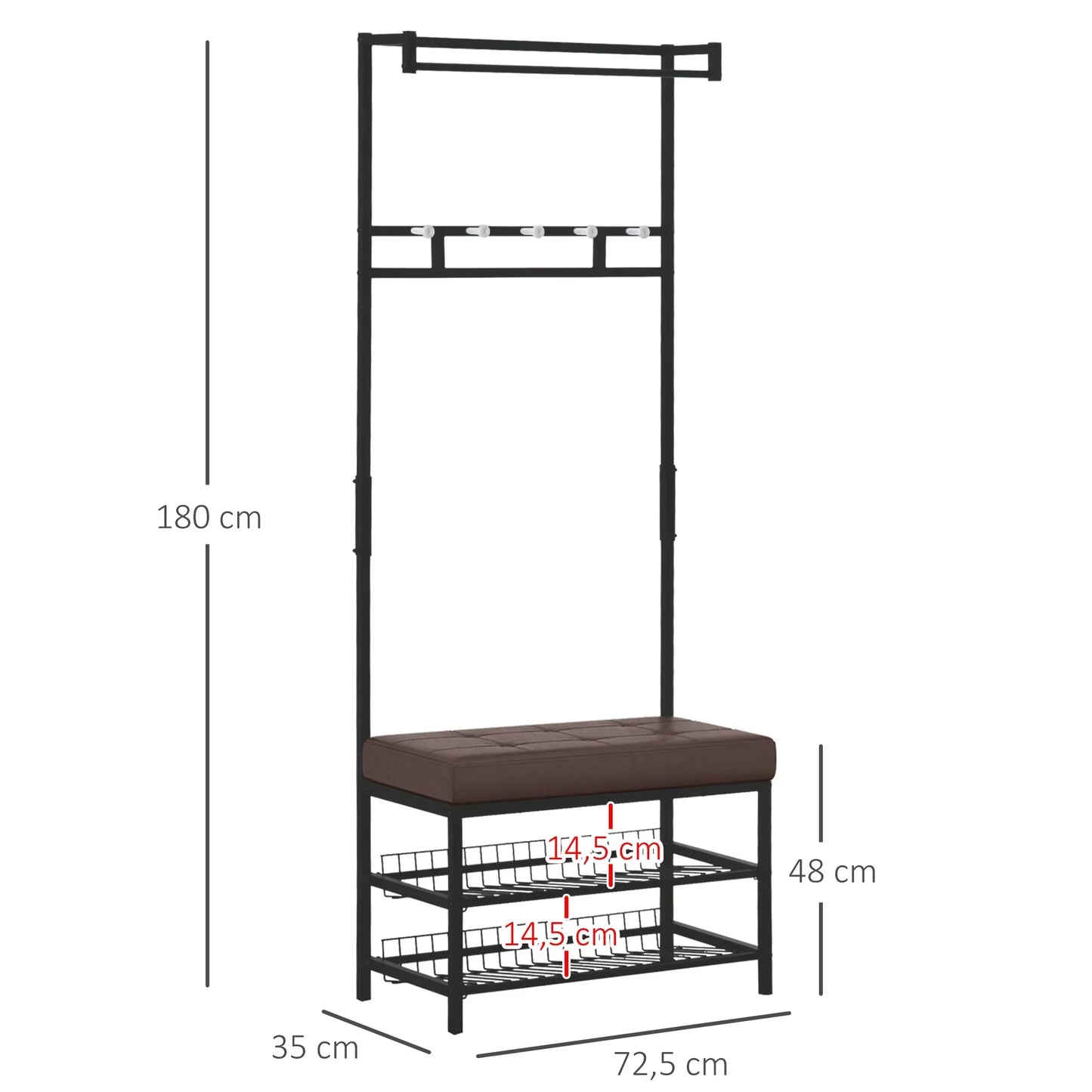 HOMCOM Kleiderständer mit 5 Haken und Schuhbank mit 2 Ebenen, Metallkleiderständer für Flur, Schlafzimmer, 72,5 x 35 x 180 cm