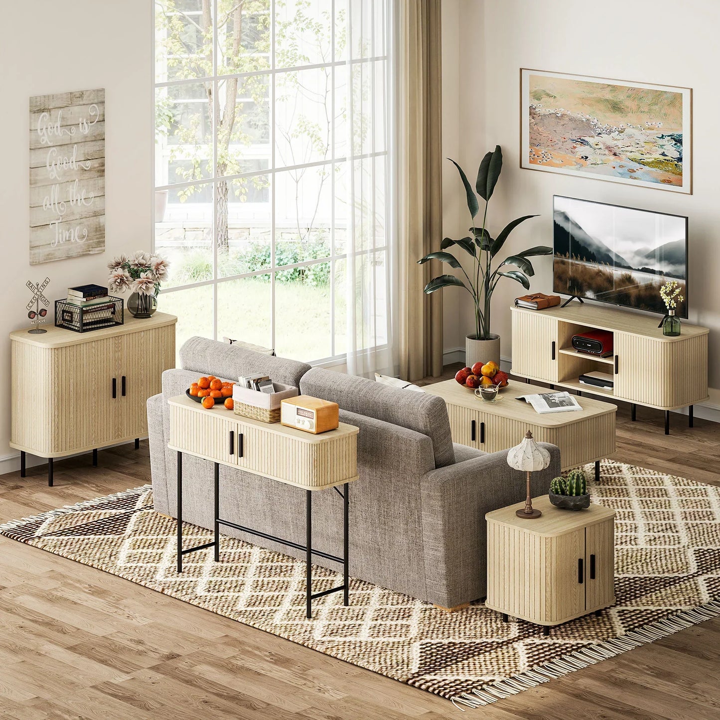 HOMCOM Vintage Konsolentisch Sideboard mit 2 Schiebetüren und Fächern für Flur 100x30x80 cm Eiche