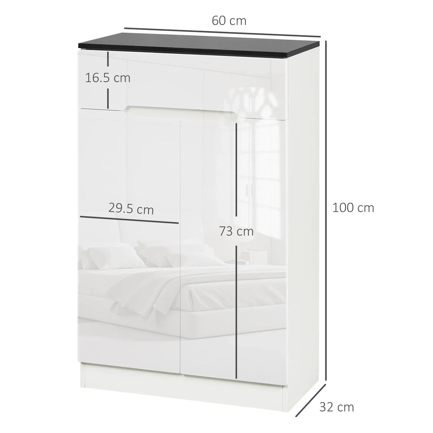 HOMCOM Slim Schuhschrank für bis zu 12 Paare Schuhe für Eingänge und Flure mit 3 verstellbaren Regalen und Schublade aus glänzendem Spanplattenwerkstoff, 60x32x100 cm