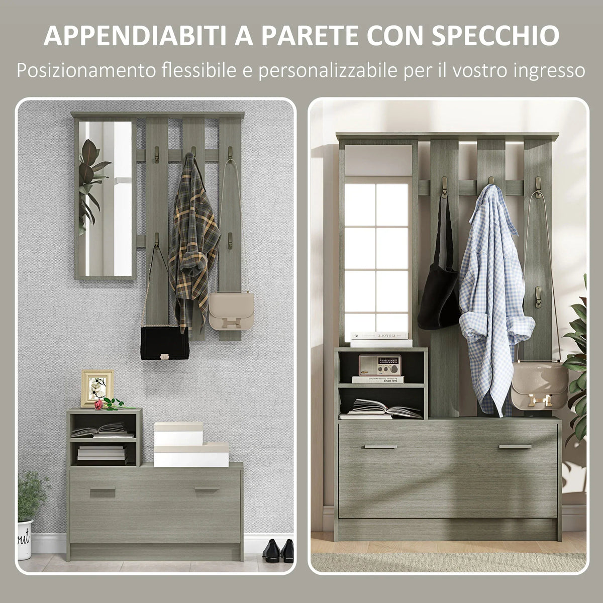 HOMCOM 4-in-1 Flurmöbel Set mit Garderobe, Spiegel, Sitzbank mit Regal und Schuhregal für 8 Paar Schuhe, Grau