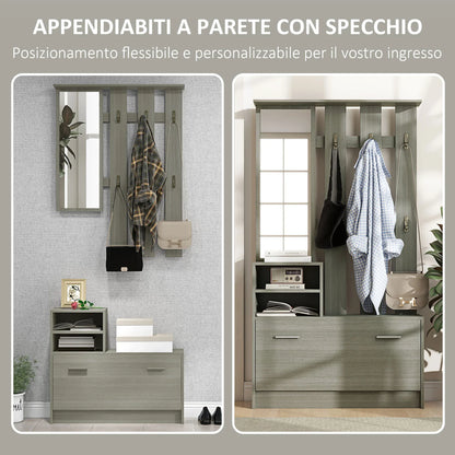 HOMCOM 4-in-1 Flurmöbel Set mit Garderobe, Spiegel, Sitzbank mit Regal und Schuhregal für 8 Paar Schuhe, Grau