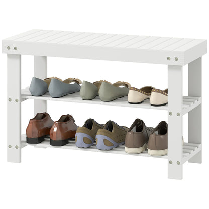 HOMCOM Bambus Schuhbank mit Sitz Schuhregal 3-stufiger Schuhorganizer für 6 Paar Schuhe für Flur Wohnzimmer Schlafzimmer 70x28x45 cm Weiß