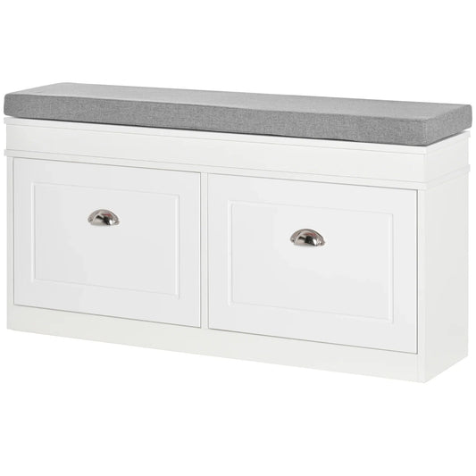 HOMCOM Scarpiera a Panca per 8 Paia di Scarpe con 2 Cassetti, Ripiani Regolabili e Cuscino Imbottito, per Ingresso e Corridoio, 104x24x55 cm, Bianco