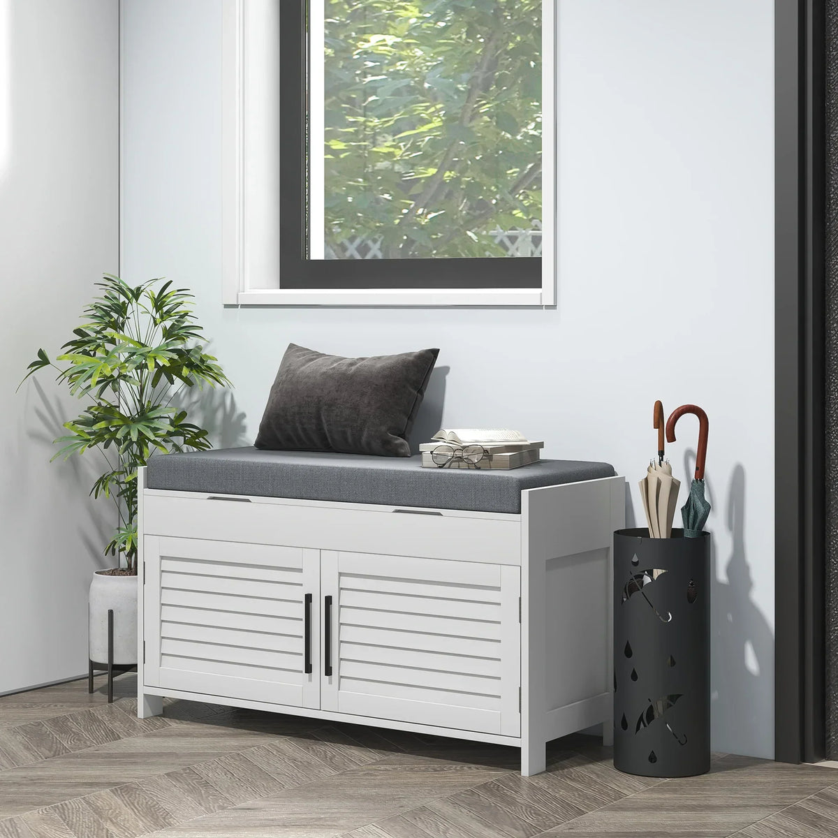 HOMCOM Schuhbank mit verstellbarem Innenregal in 3 Höhen, schlanke Schuhbank aus MDF mit Leinenbezug, 90x36x50 cm, Weiß und Grau