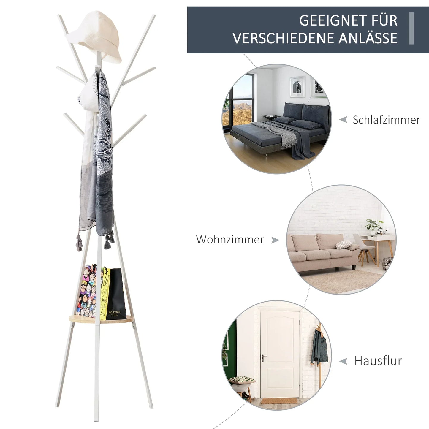 HOMCOM Garderobe, Hutständer mit 8 Haken, Kleiderständer mit Ablage, Stehkleiderschrank für Kleidung, Hüte, Taschen, Metall, Weiß, 45 x 45 x 180 cm